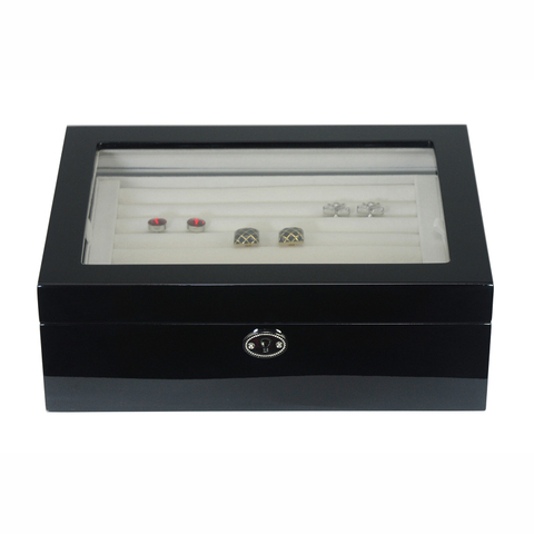 72 Paris Cufflink Box Wood Piano Finish Black Lacquer with Glass Top Display Cuff Links Boxes