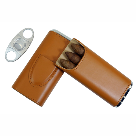 Sonny Premium Portable Travel 3 Finger Brown Leather Cigar Carrying Case with Stainless Steel Cutter