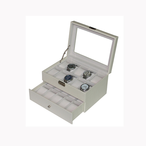 Sonny New Trend Custom Luxury 20 Slots Watches Box With A Drawer White Croco PU Leather Watch Box With Glass Top