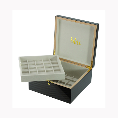 Personality Custom Bronzing Logo Wood Black High Glossy Double 50 Slots Jewelry Case for Cufflink Ring Earring Collction