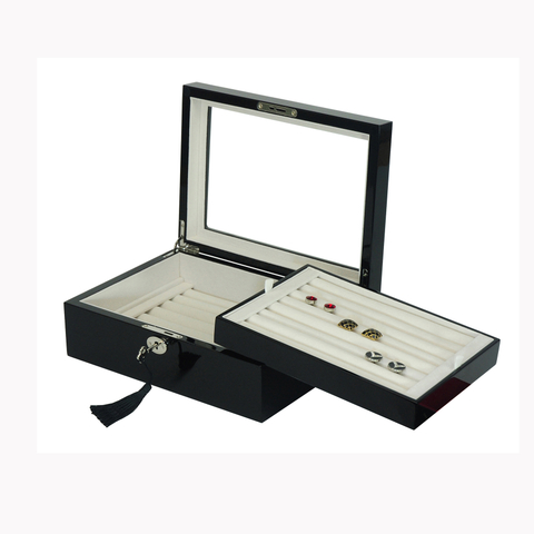 72 Paris Cufflink Box Wood Piano Finish Black Lacquer with Glass Top Display Cuff Links Boxes