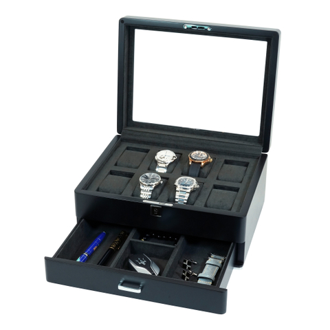 Sonny Custom Logo Luxury 8 Slots Black Wooden Watch Box with Drawer