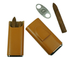Sonny Classic Custom Brown / Black Real Leather Cedar Wood Lined Travel 3 Cigar Case with Cigar Cutter
