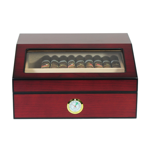 Glass Window Cherry Wood Matte 2 Layer Humidor Cigar Box for Short and Long Cigars