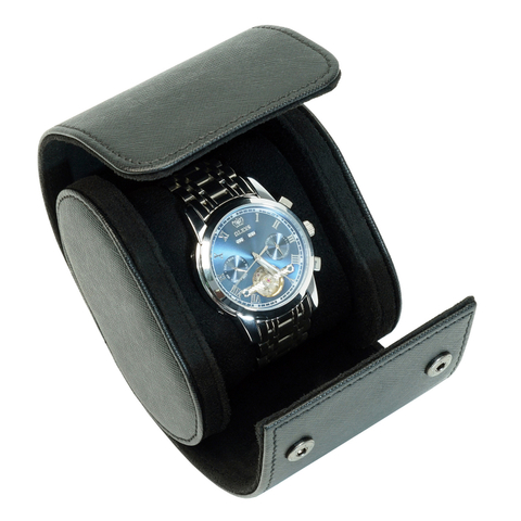 Sonny Custom Logo Black Leather Single Travel Watch Roll Case with Fixable Pillow