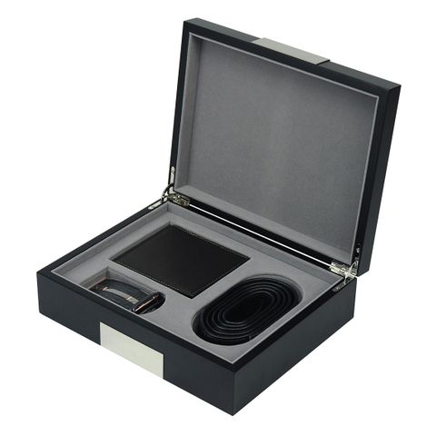 Custom Logo Luxury Black Wooden 3 Slots Set for Leather Wallet+Belt+Car Key Storage Box for Men Gift
