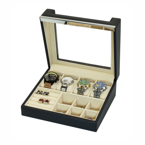 Sonny High Quality Black Leather Jewelry Box Display Organizer for Watch Cufflinks Ring Studs