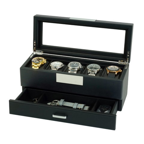 Sonny Custom Wholesale 5 Slots Black Leather Watch Box Organizer with Drawer