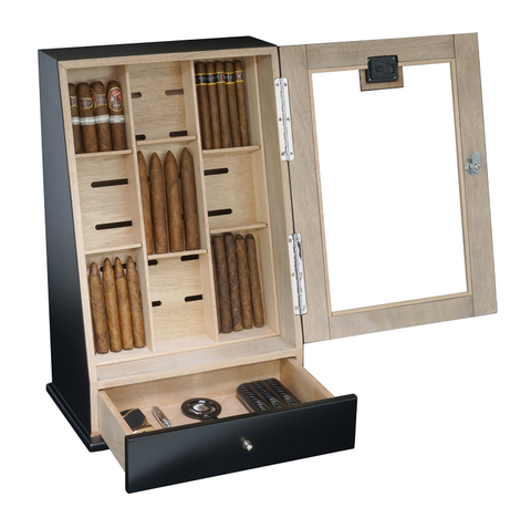 Sonny OEM ODM Custom Wood Black Vertical Wall-Mounted Cigar Humidor Cabinet Display Box with Drawer