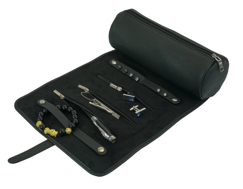 Sonny 3 Slots Travel Black Leather Watch Jewelry Roll Case