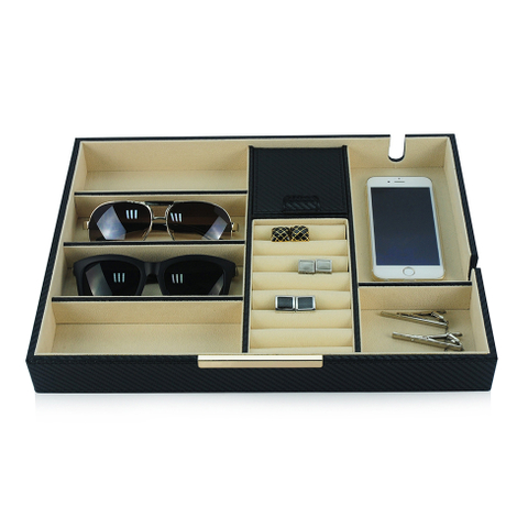 Sonny High End Black Leather Valet Tray Organizer Jewelry Wallet Desk Accessory for Men