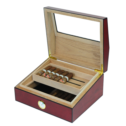 Glass Window Cherry Wood Matte 2 Layer Humidor Cigar Box for Short and Long Cigars