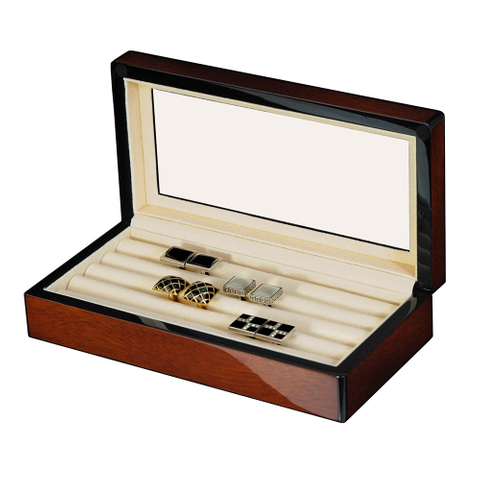 Sonny 16 Pairs Glossy Cherry Wood Glass Top Cufflinks Display Storage Box