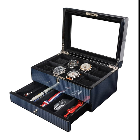 Sonny Case 8 + 4 Carbon Fiber Lacquer Paint Wooden Watch Strap Case Watch Box with Valet Drawer