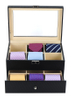 12 Slots Black Pu Leather Tie & Belt Display Box for Men With Button & Silver Hinges