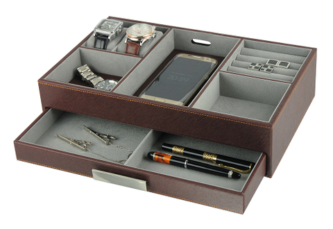 Large Leather Holder Men's Dresser Valet Organizer for Watches, Jewelry & Accessories