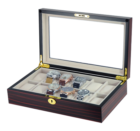 Sonny Hot-sale Vintage 12 Slots Ebony Wooden Watch Display Box with Glass Top Lid for Man and Woman Best Gift Choice