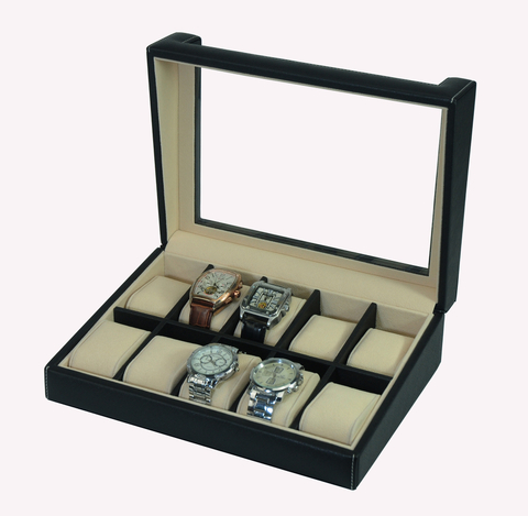 Sonny Luxury 10 Slots Black Leather Watch Display Box with Acrylic window for Man and Woman Christmas Birthday Gift