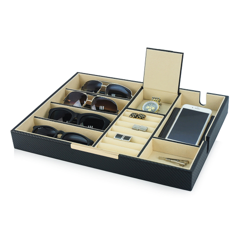 Sonny High End Black Leather Valet Tray Organizer Jewelry Wallet Desk Accessory for Men