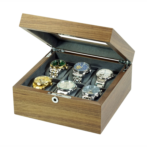 Sonny Luxury Handcrafted Glass Top 6 Slot Walnut Wooden Watch Box Packaging