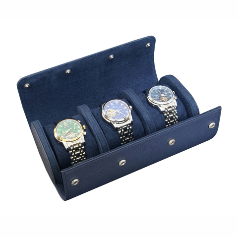 Sonny High Quality Custom Blue Leather 3 Watch Roll Travel Case with Fixable Pillow