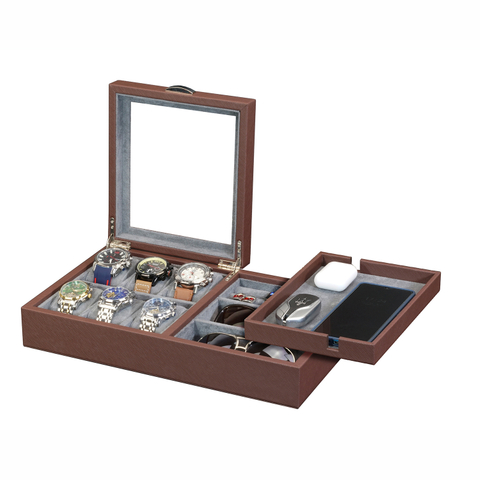 Sonny Custom Brown PU Leather Mens Valet Tray Desk Organizer for 6 Watches Cufflinks Sunglasses Phone
