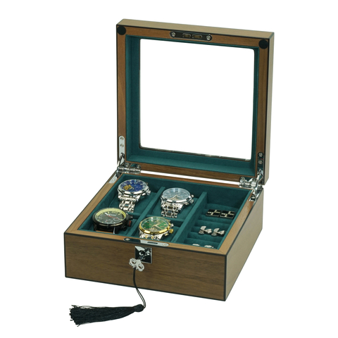 Sonny High End Walnut Wood Watch Box Luxury Mens Organizer Case for 4 Watches Cufflinks Rings Studs Storage