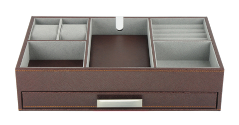 Large Leather Holder Men's Dresser Valet Organizer for Watches, Jewelry & Accessories