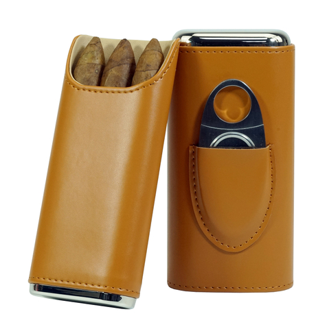 Sonny Classic Custom Brown / Black Real Leather Cedar Wood Lined Travel 3 Cigar Case with Cigar Cutter