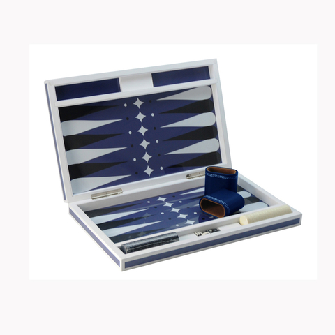 Sonny Top Luxury Chess Backgammon Set Paint High Glossy Wooden Club Silk Printing Blue & White Chess Playing.and Checker Storage 