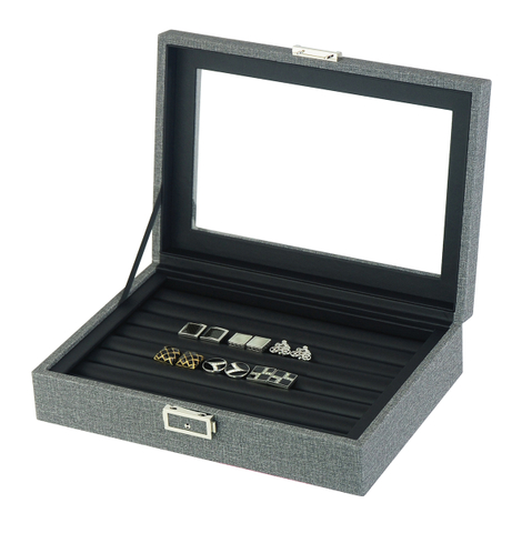 Luxury Elegant Grey Fabric Covered Cufflink Storage Collection Display Box with PU Leather Lining
