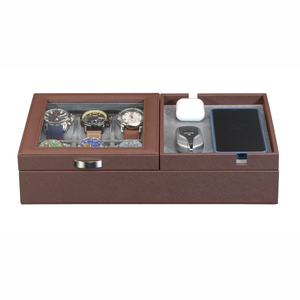 Sonny Custom Brown PU Leather Mens Valet Tray Desk Organizer for 6 Watches Cufflinks Sunglasses Phone