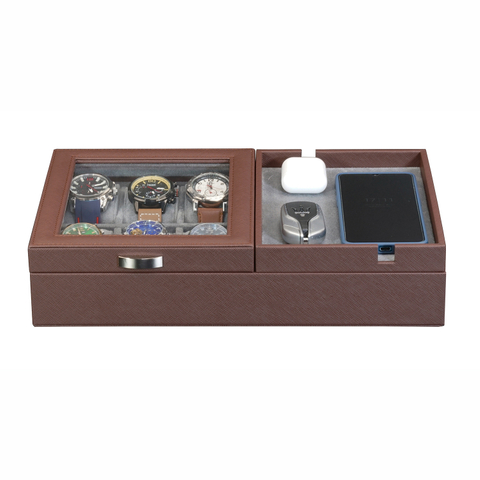 Sonny Custom Brown PU Leather Mens Valet Tray Desk Organizer for 6 Watches Cufflinks Sunglasses Phone