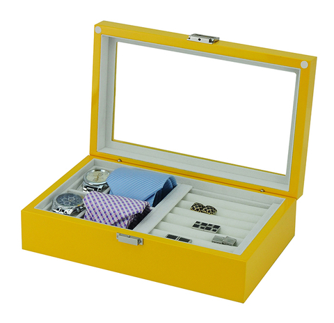 Sonny Hot Selling Custom Products Yellow Wooden Watch Tie Cufflink Storage Display Case for Men Gift