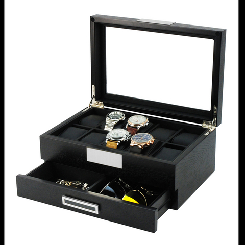 Sonny Mens Valet Desktop Black Wood 10 Watches Accessories Tools Box Watch Box Wood with Drawer