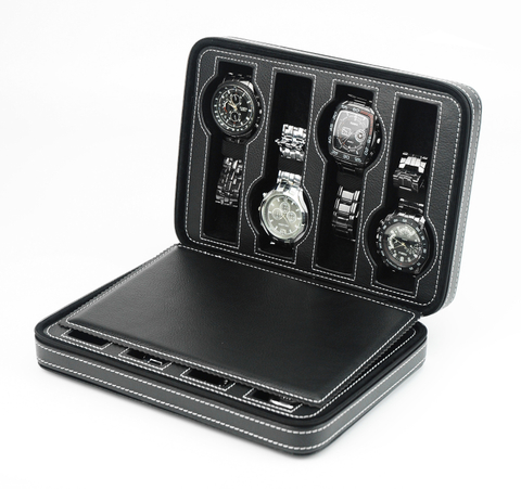  Sonny Travel Leather Watch Case 8 Slots Black Zipper Case Portable Watch Box OEM Logo Customized