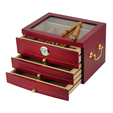 Sonny Large Humidor Wooden Cherry Spanish Cedar Cigar Cabinet Box with 3 Layer Drawers