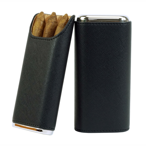 Sonny Premium Portable Travel 3 Finger Black Leather Cedar Wood Lined Cigar Carrying Case