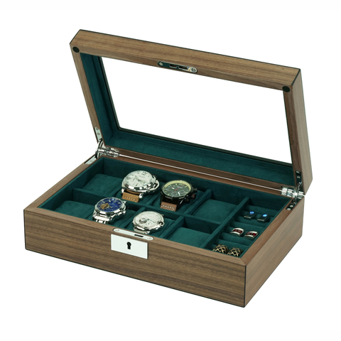 Sonny Luxury Walnut Wooden Watch Box Organizer for 8 Watches + 5 Pairs Cufflinks Storage