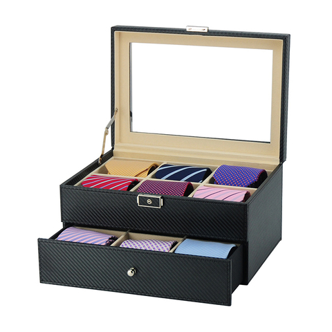 12 Slots Black Pu Leather Tie & Belt Display Box for Men With Button & Silver Hinges
