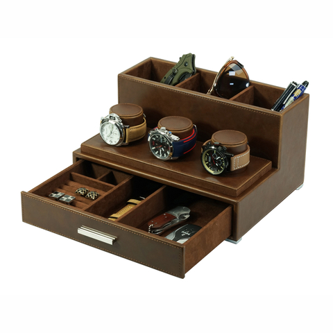 Sonny New Brown Leather Mens Watch Jewelry Display Organizer Box with Drawer