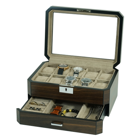10 Slot Octagon Walnut Wooden Watch Box with Valet Drawer