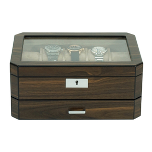 10 Slot Octagon Walnut Wooden Watch Box with Valet Drawer